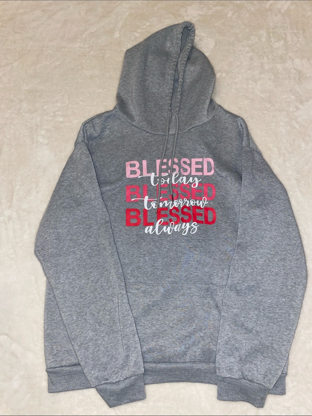 Gray Hoodie with 'Blessed' Pink & Red Script